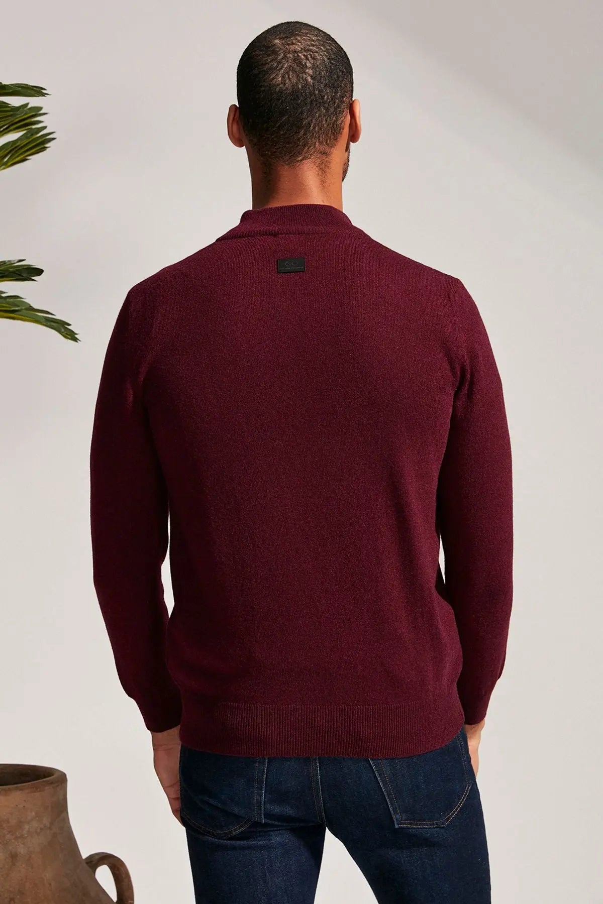 Şarap Saf Kaşmir Fermuarlı Yaka Uzun Kollu Erkek Kazak Silk and Cashmere