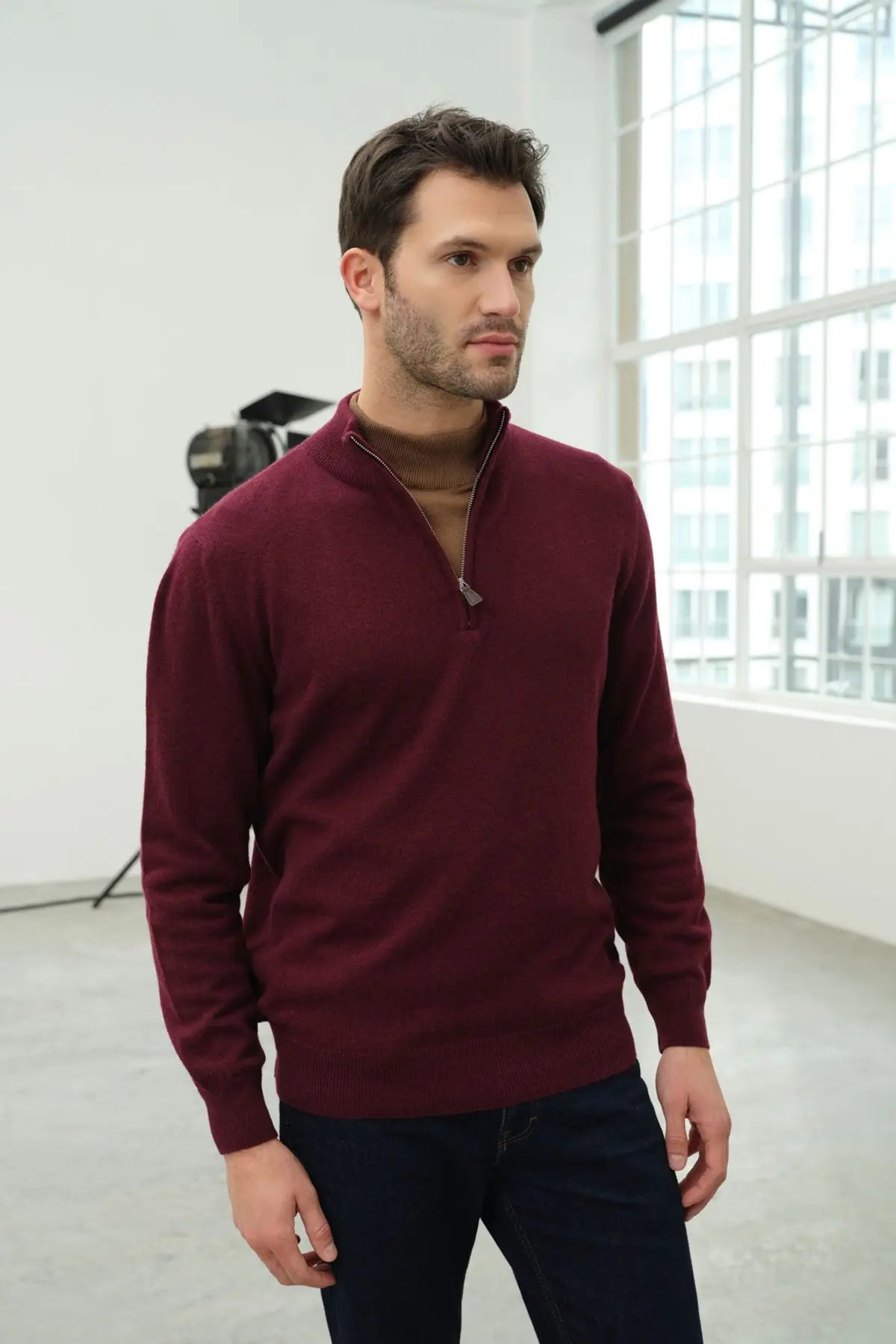 Şarap Saf Kaşmir Fermuarlı Yaka Uzun Kollu Erkek Kazak Silk and Cashmere