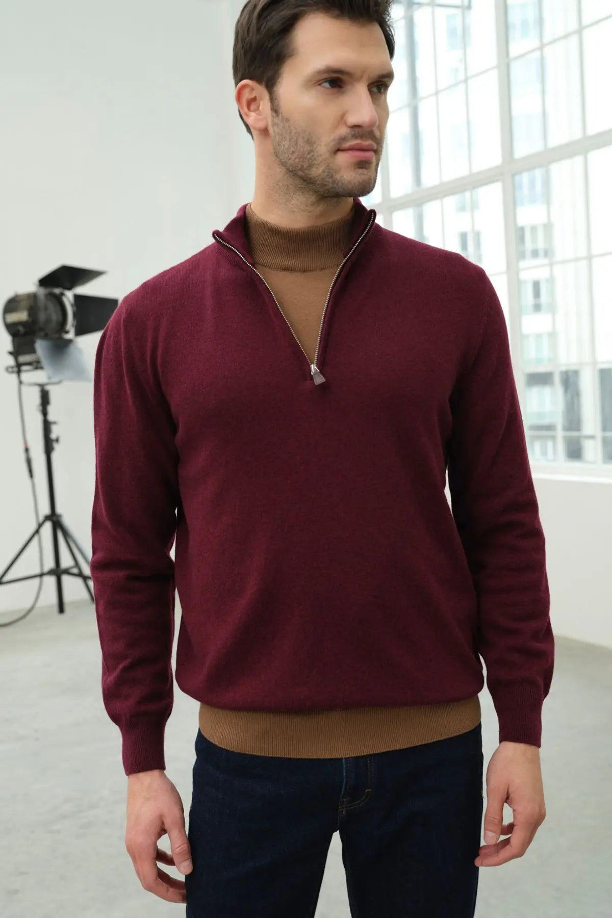 Şarap Saf Kaşmir Fermuarlı Yaka Uzun Kollu Erkek Kazak Silk and Cashmere