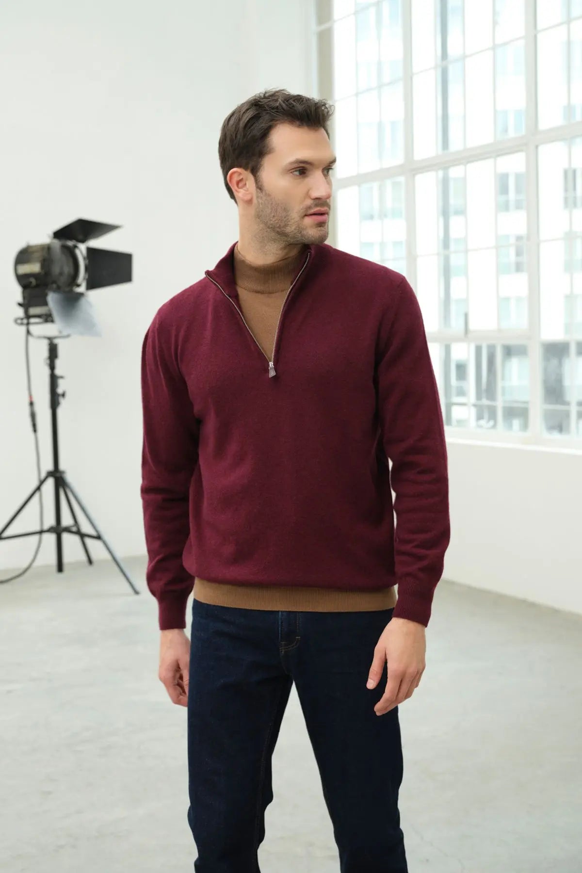 Şarap Saf Kaşmir Fermuarlı Yaka Uzun Kollu Erkek Kazak Silk and Cashmere