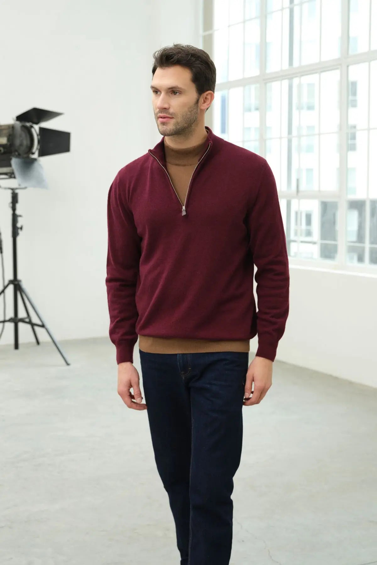 Şarap Saf Kaşmir Fermuarlı Yaka Uzun Kollu Erkek Kazak Silk and Cashmere