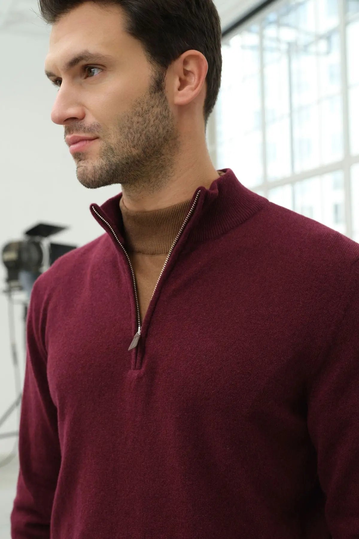 Şarap Saf Kaşmir Fermuarlı Yaka Uzun Kollu Erkek Kazak Silk and Cashmere