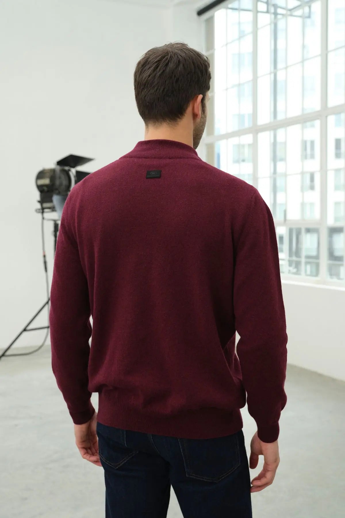 Şarap Saf Kaşmir Fermuarlı Yaka Uzun Kollu Erkek Kazak Silk and Cashmere