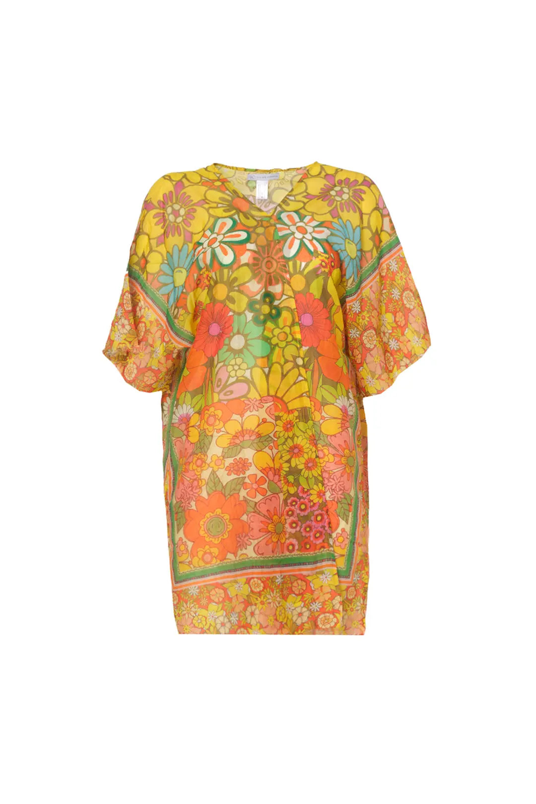 Sarı İpekli Çiçek Desenli Kısa Kimono Silk and Cashmere