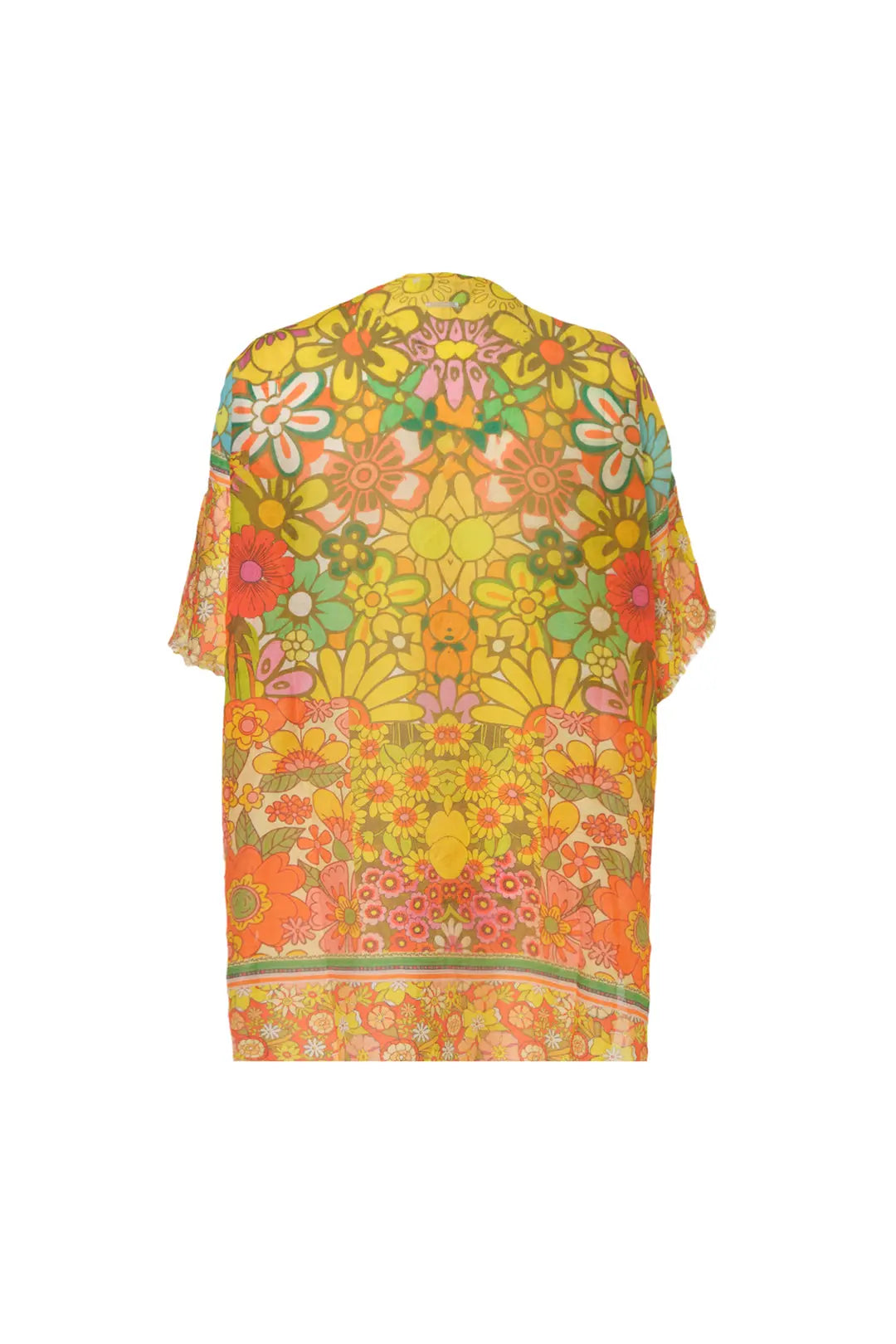 Sarı İpekli Çiçek Desenli Kısa Kimono Silk and Cashmere