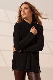 Siyah Fabiana Yün Ribana Detaylı Şal Yaka Uzun Kollu Kadın Hırka Silk and Cashmere