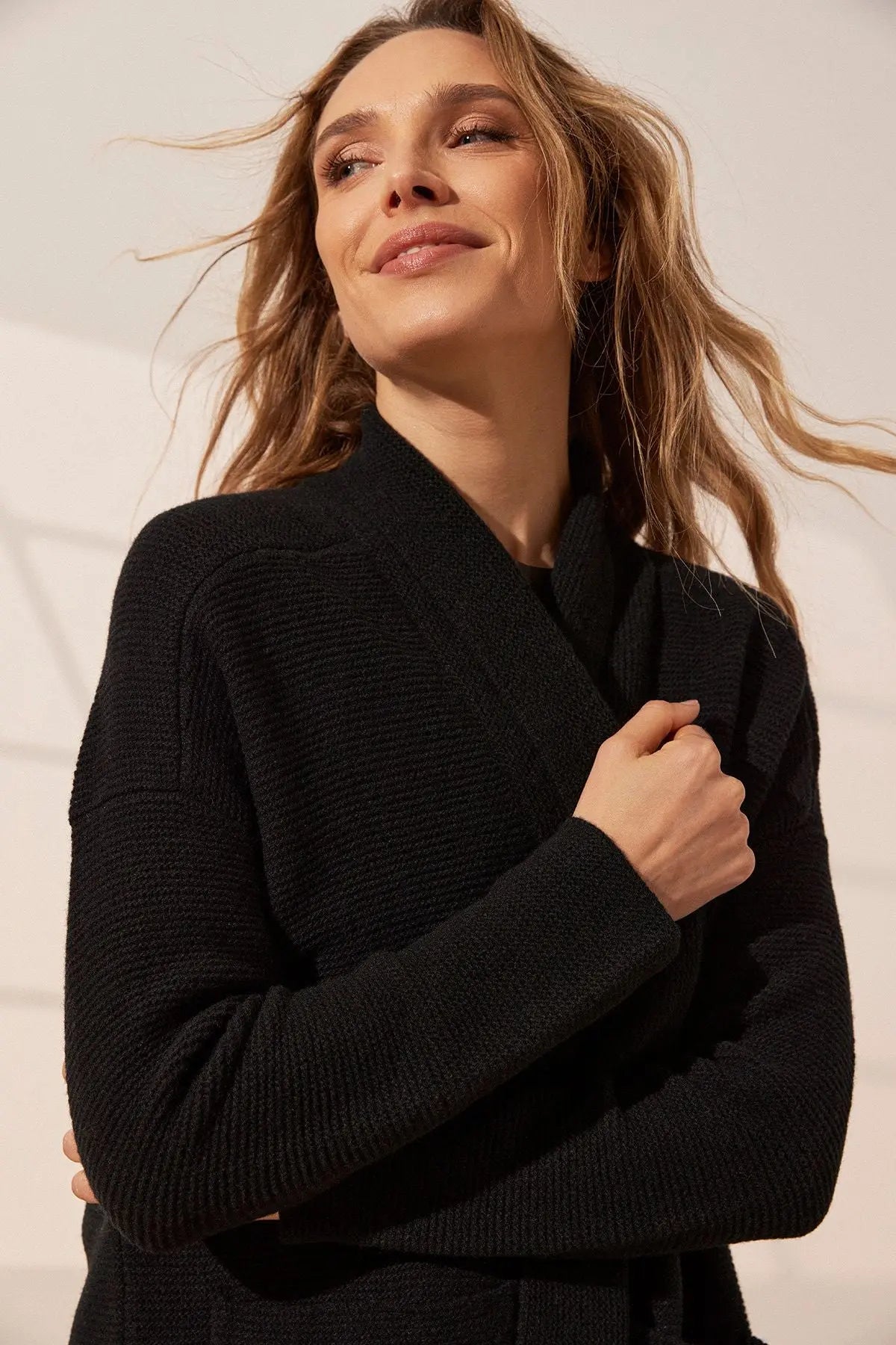 Siyah Fabiana Yün Ribana Detaylı Şal Yaka Uzun Kollu Kadın Hırka Silk and Cashmere