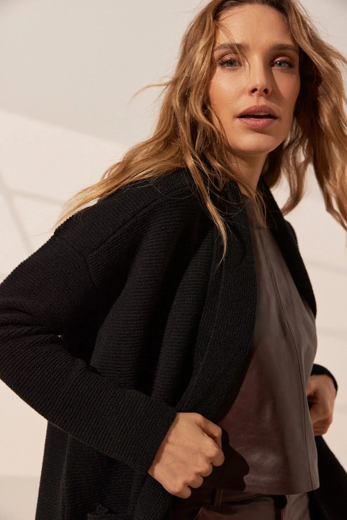 Siyah Fabiana Yün Ribana Detaylı Şal Yaka Uzun Kollu Kadın Hırka Silk and Cashmere