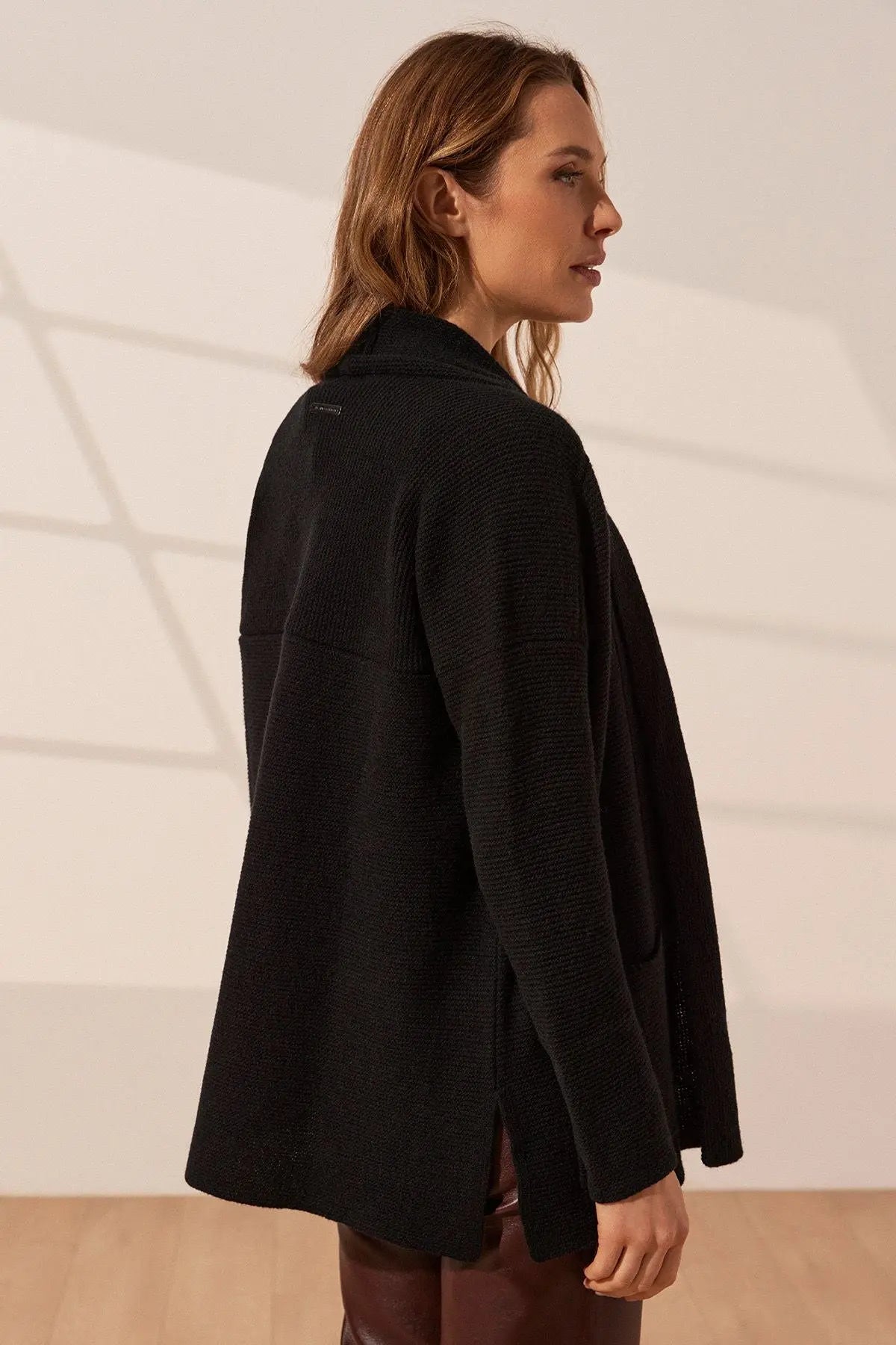 Siyah Fabiana Yün Ribana Detaylı Şal Yaka Uzun Kollu Kadın Hırka Silk and Cashmere