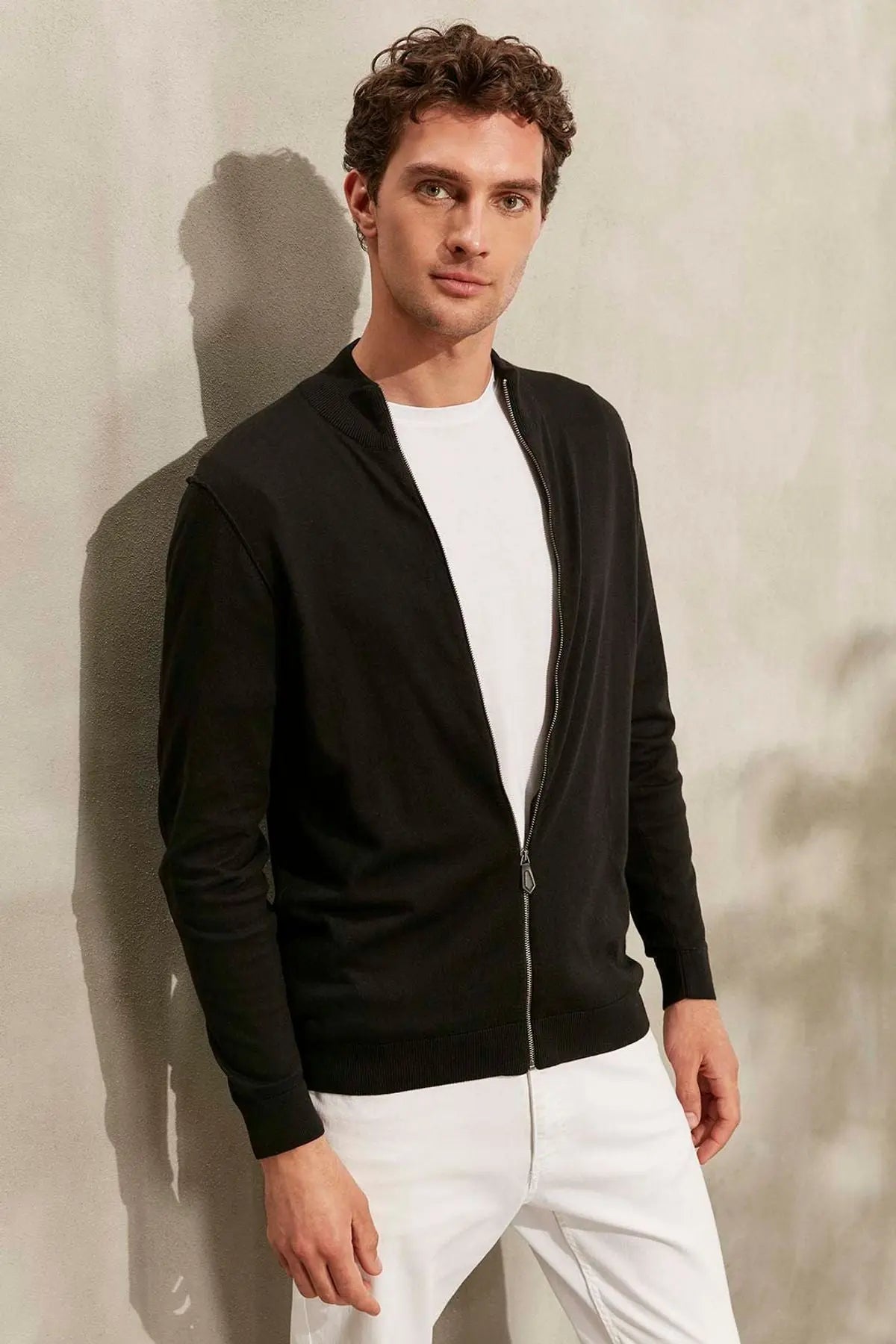 Siyah İpek Pamuk Quentin Uzun Kollu Yarım Balıkçı Yaka Erkek Hırka Silk and Cashmere