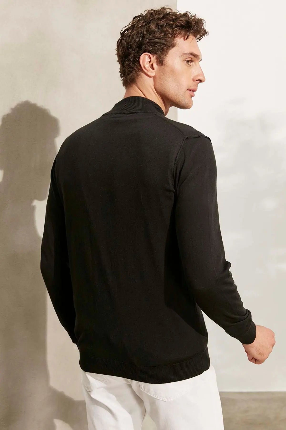 Siyah İpek Pamuk Quentin Uzun Kollu Yarım Balıkçı Yaka Erkek Hırka Silk and Cashmere