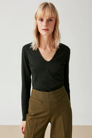 Siyah İpek ve Kaşmir Derin V Yaka Uzun Kollu Aleyna Triko Silk and Cashmere