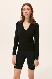 Siyah İpek ve Kaşmir Derin V Yaka Uzun Kollu Aleyna Triko Silk and Cashmere