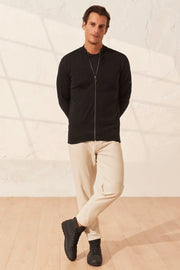 Siyah İpek ve Kaşmir Utku Yarım Balıkçı Yaka Fermuarlı Uzun Kollu Erkek Hırka Silk and Cashmere