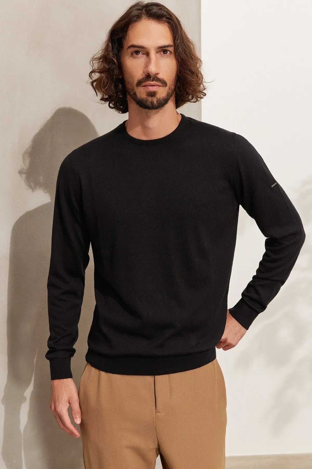 Siyah İpek ve Kaşmir Yuvarlak Yaka Uzun Kollu Utku Erkek Triko Silk and Cashmere