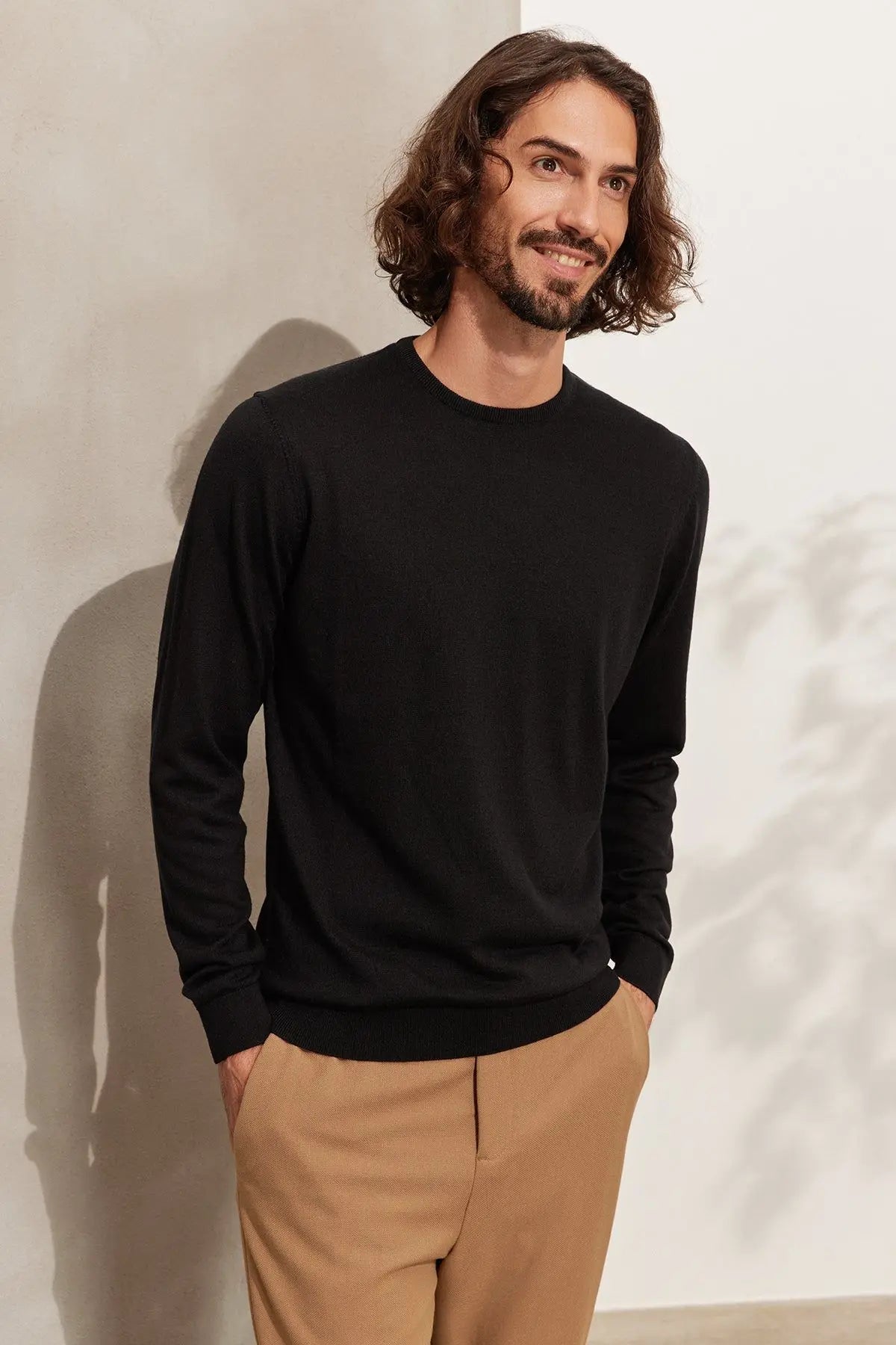 Siyah İpek ve Kaşmir Yuvarlak Yaka Uzun Kollu Utku Erkek Triko Silk and Cashmere