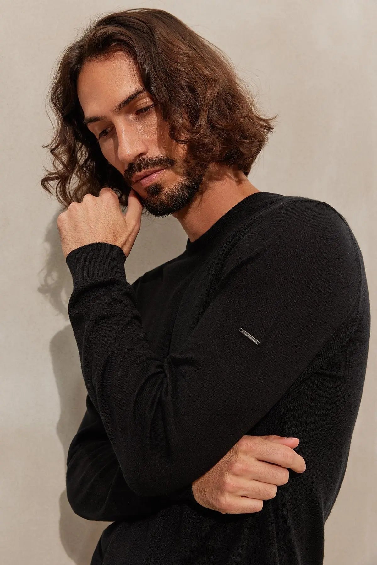 Siyah İpek ve Kaşmir Yuvarlak Yaka Uzun Kollu Utku Erkek Triko Silk and Cashmere