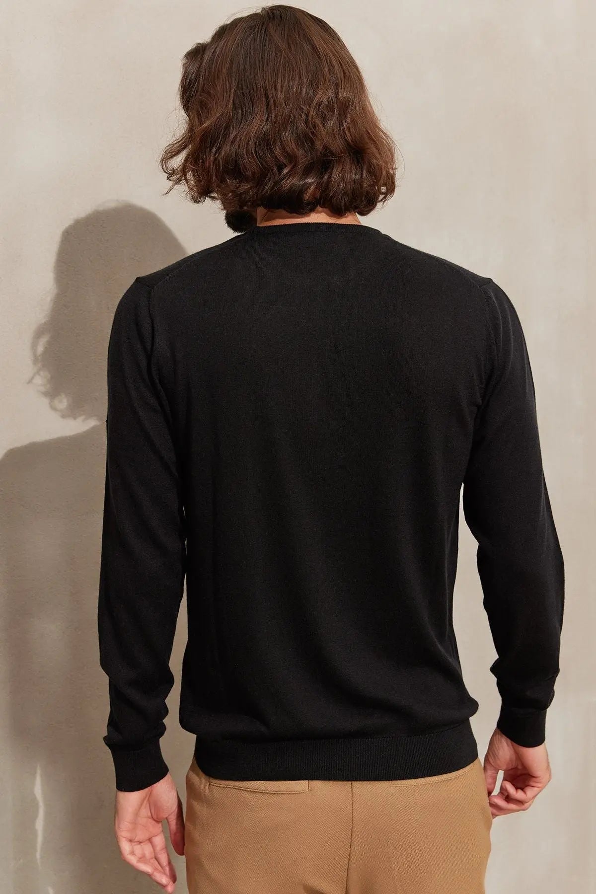 Siyah İpek ve Kaşmir Yuvarlak Yaka Uzun Kollu Utku Erkek Triko Silk and Cashmere