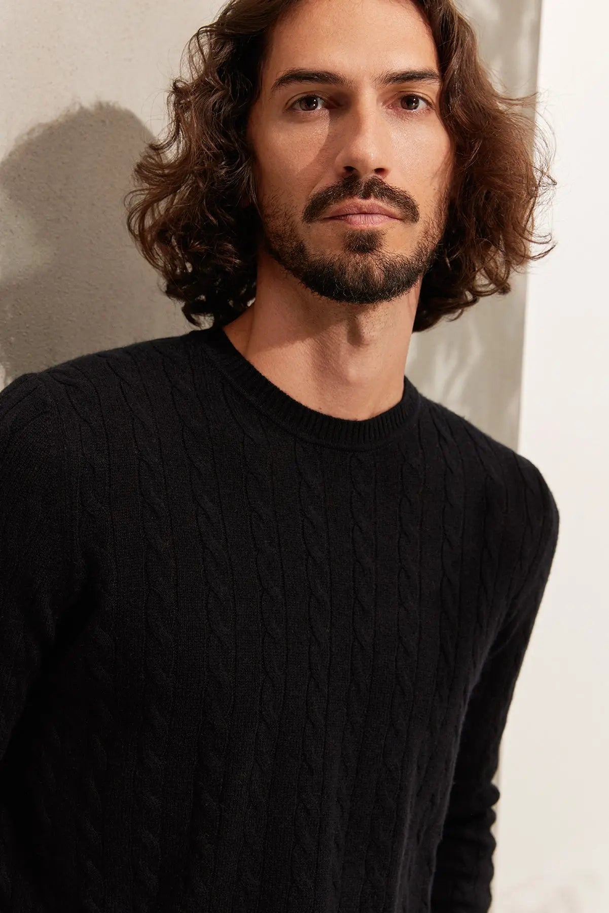 Siyah Kamir ve Yün Yuvarlak Yaka Saç Örgülü Uzun Kollu Amerigo Erkek Kazak Silk and Cashmere