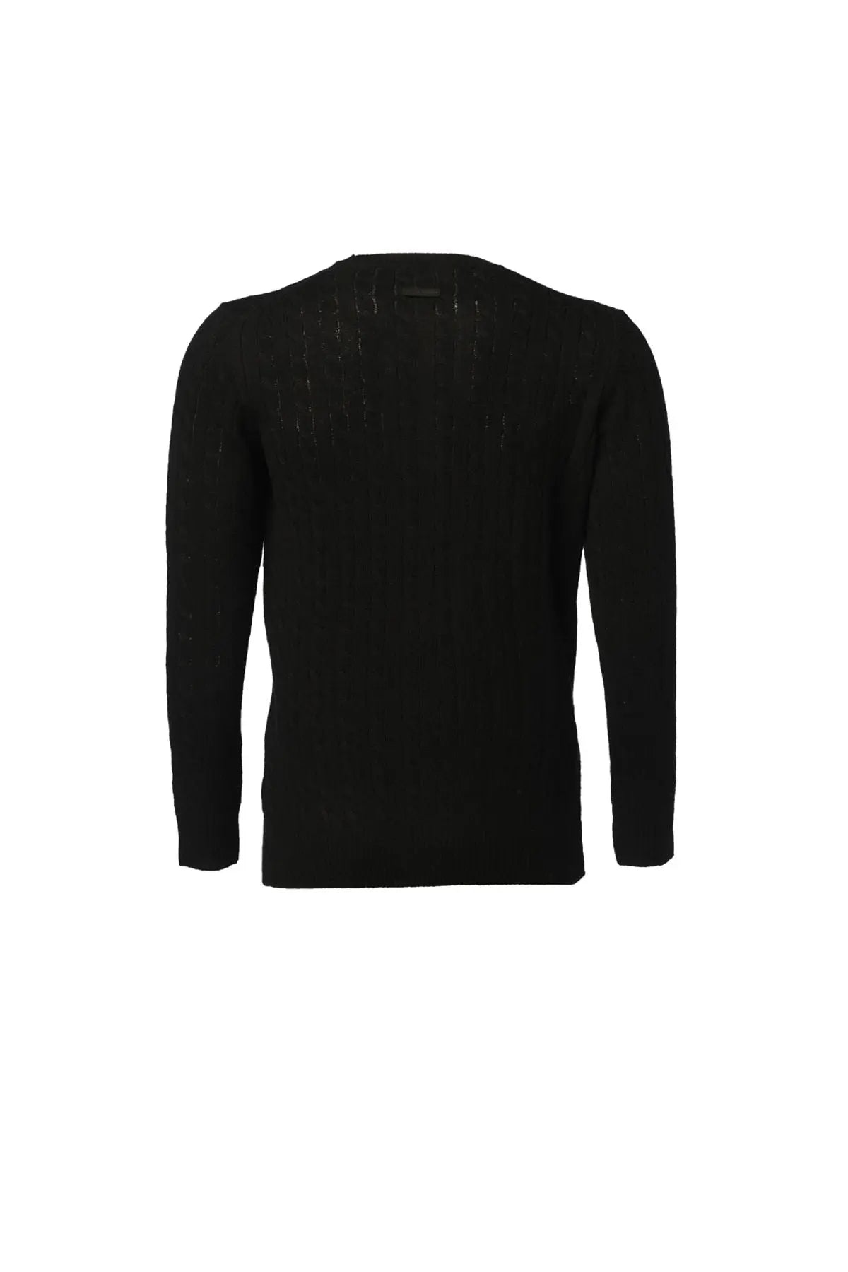 Siyah Kamir ve Yün Yuvarlak Yaka Saç Örgülü Uzun Kollu Amerigo Erkek Kazak Silk and Cashmere