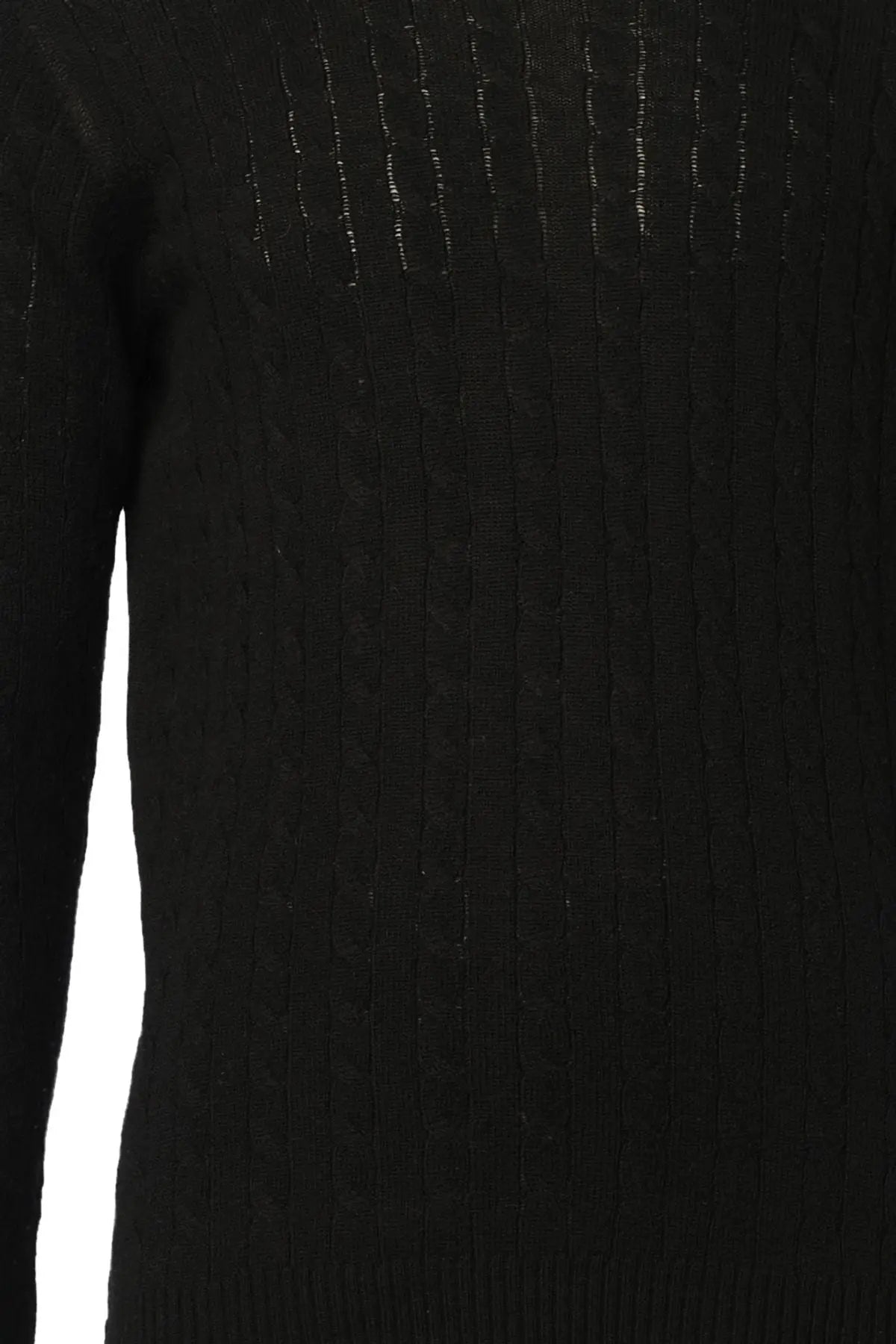 Siyah Kamir ve Yün Yuvarlak Yaka Saç Örgülü Uzun Kollu Amerigo Erkek Kazak Silk and Cashmere