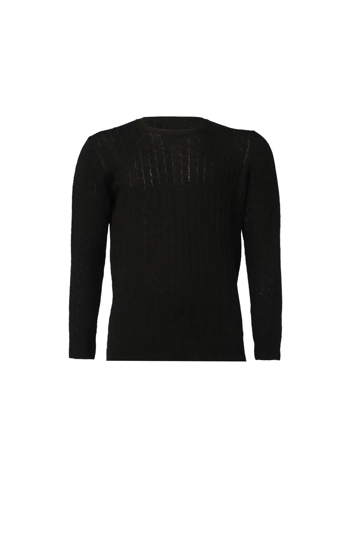 Siyah Kamir ve Yün Yuvarlak Yaka Saç Örgülü Uzun Kollu Amerigo Erkek Kazak Silk and Cashmere