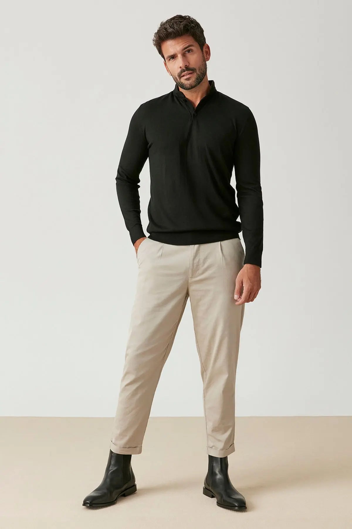 Siyah Kaşmir İpek Suni Suet Detaylı Aristo Hakim Yaka Erkek Triko Silk and Cashmere