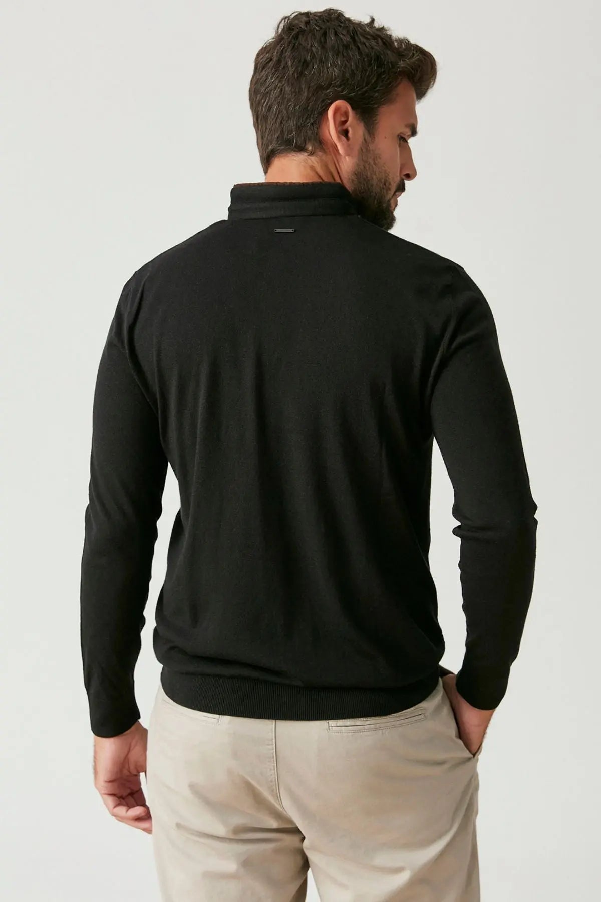 Siyah Kaşmir İpek Suni Suet Detaylı Aristo Hakim Yaka Erkek Triko Silk and Cashmere