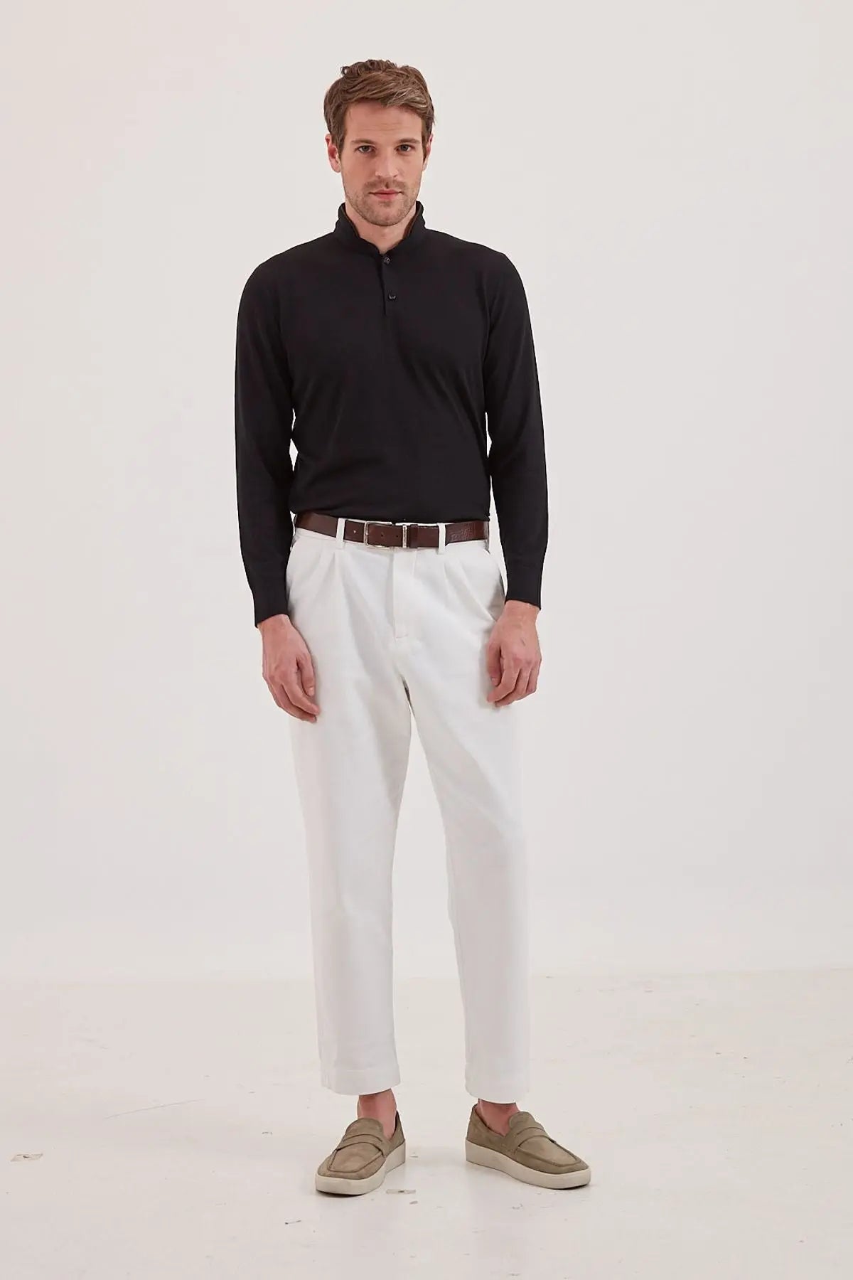 Siyah Kaşmir İpek Suni Suet Detaylı Aristo Hakim Yaka Erkek Triko Silk and Cashmere