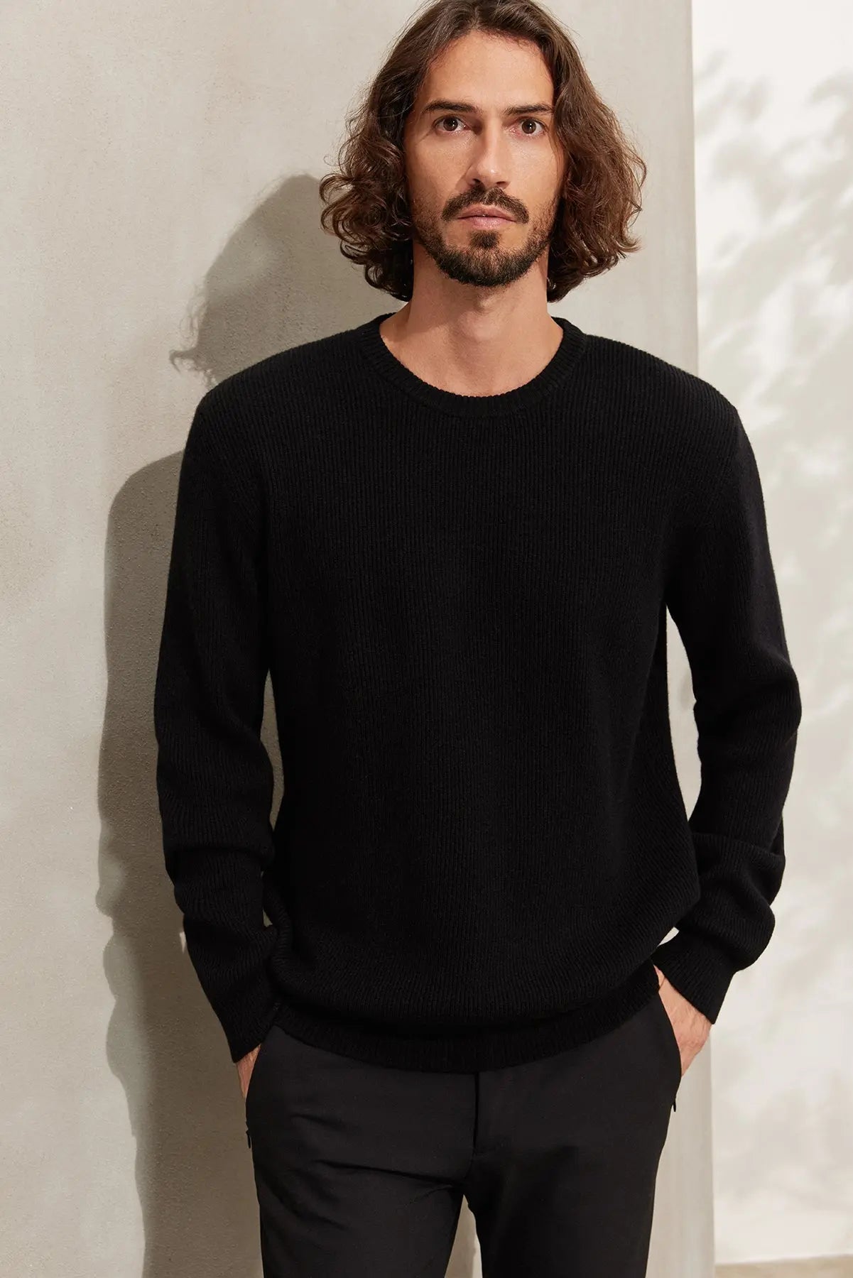 Siyah Kaşmir ve Merino Yünü Karışımlı ReLoved Geri Dönüştürülmüş Selanik Örgü Yuvarlak Yaka Uzun Kollu Erkek Kazak Silk and Cashmere