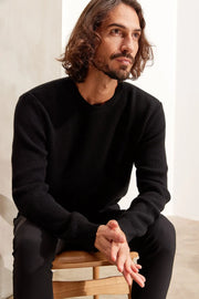 Siyah Kaşmir ve Merino Yünü Karışımlı ReLoved Geri Dönüştürülmüş Selanik Örgü Yuvarlak Yaka Uzun Kollu Erkek Kazak Silk and Cashmere