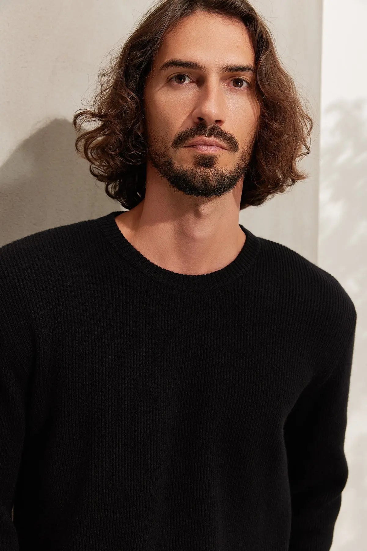 Siyah Kaşmir ve Merino Yünü Karışımlı ReLoved Geri Dönüştürülmüş Selanik Örgü Yuvarlak Yaka Uzun Kollu Erkek Kazak Silk and Cashmere