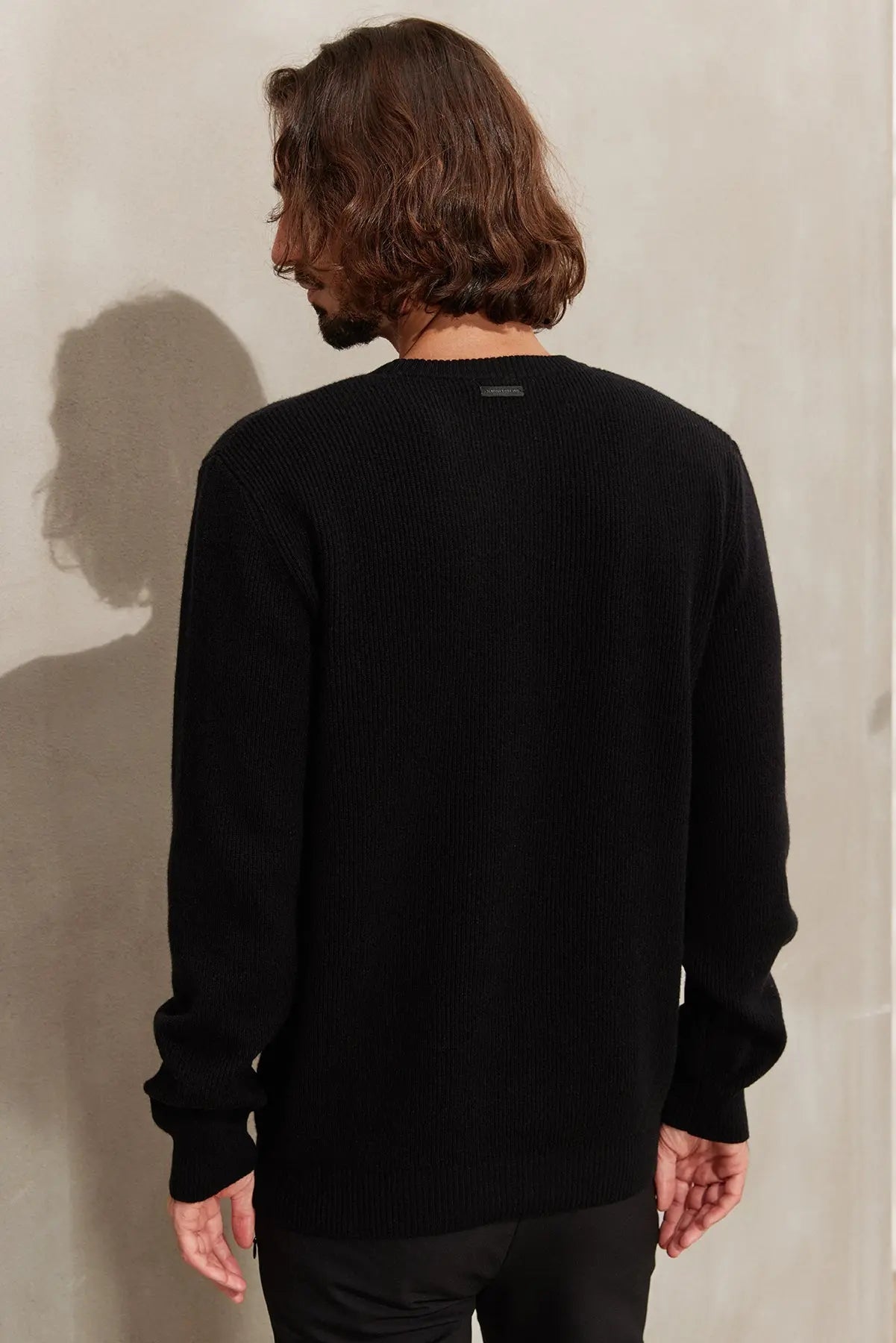 Siyah Kaşmir ve Merino Yünü Karışımlı ReLoved Geri Dönüştürülmüş Selanik Örgü Yuvarlak Yaka Uzun Kollu Erkek Kazak Silk and Cashmere