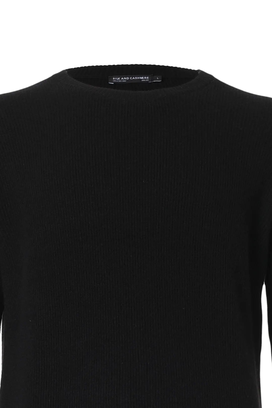 Siyah Kaşmir ve Merino Yünü Karışımlı ReLoved Geri Dönüştürülmüş Selanik Örgü Yuvarlak Yaka Uzun Kollu Erkek Kazak Silk and Cashmere