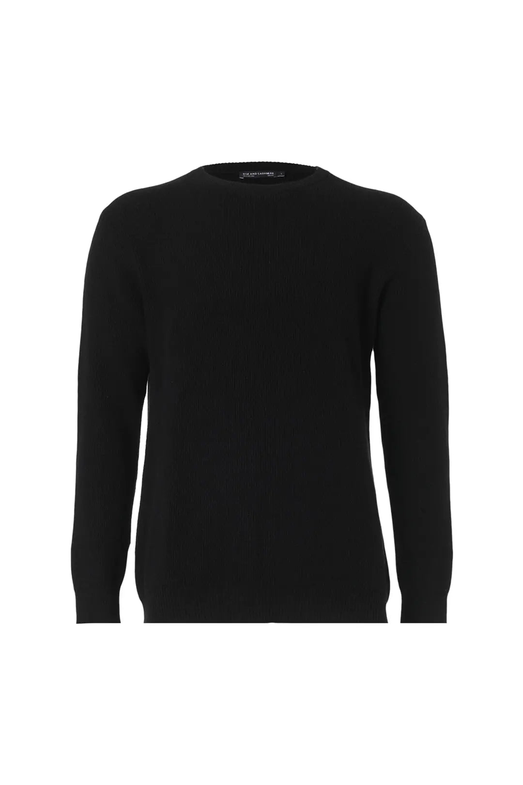 Siyah Kaşmir ve Merino Yünü Karışımlı ReLoved Geri Dönüştürülmüş Selanik Örgü Yuvarlak Yaka Uzun Kollu Erkek Kazak Silk and Cashmere