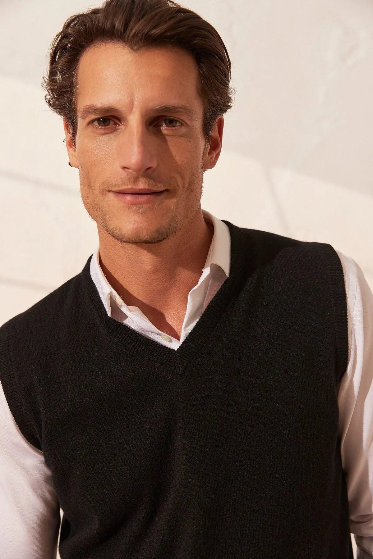 Siyah Saf Kamir Gio V Yaka Erkek Süveter Silk and Cashmere