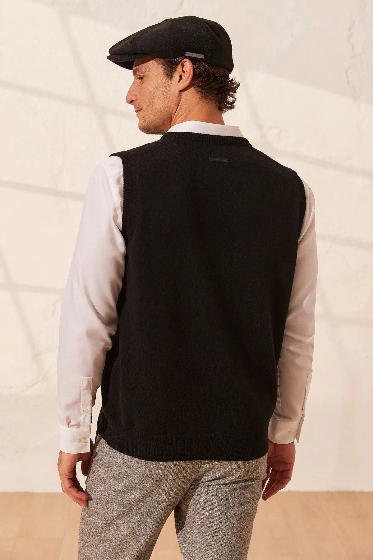 Siyah Saf Kamir Gio V Yaka Erkek Süveter Silk and Cashmere