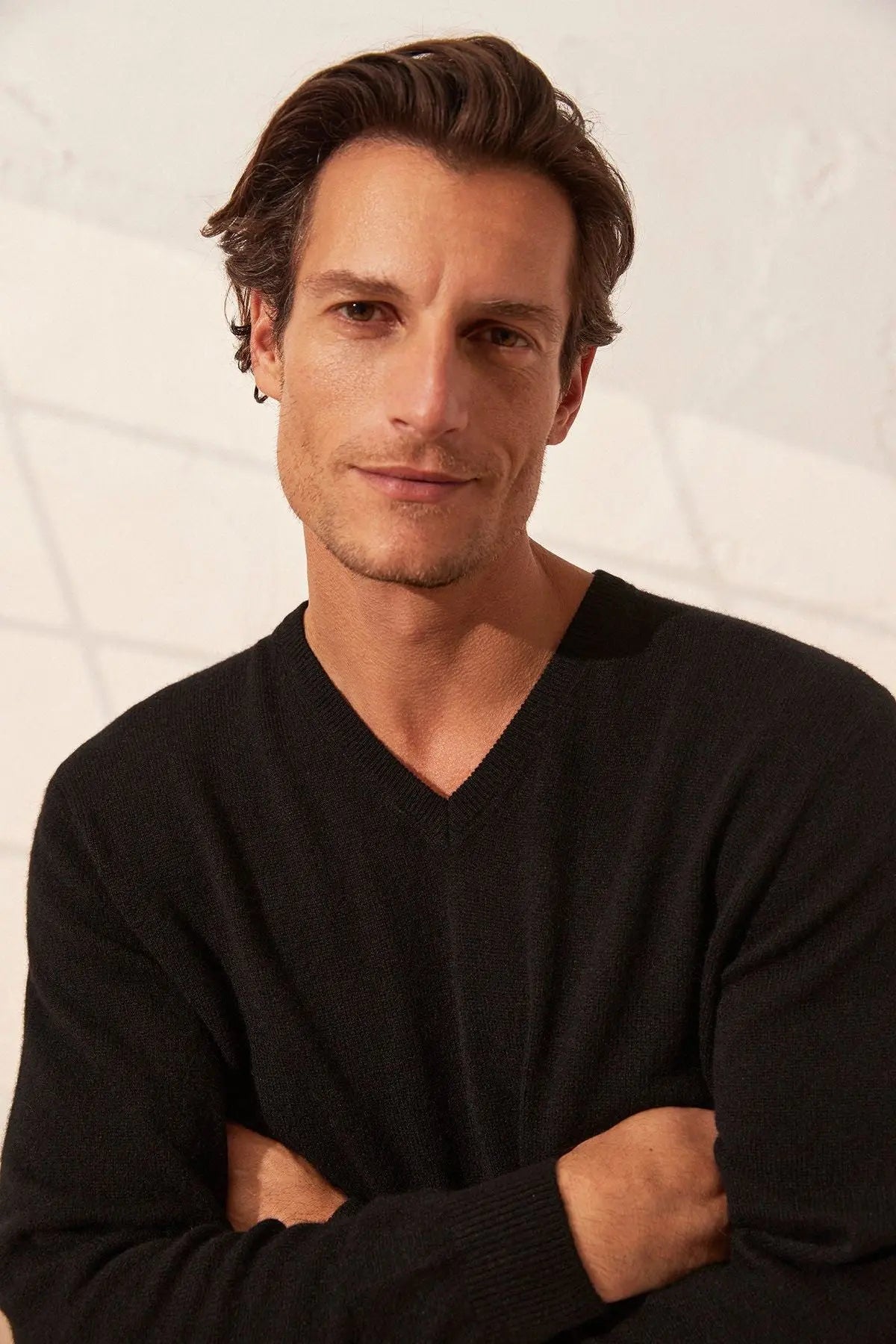 Siyah Saf Kamir Vincent  V Yaka Uzun Kollu Erkek Kazak Silk and Cashmere