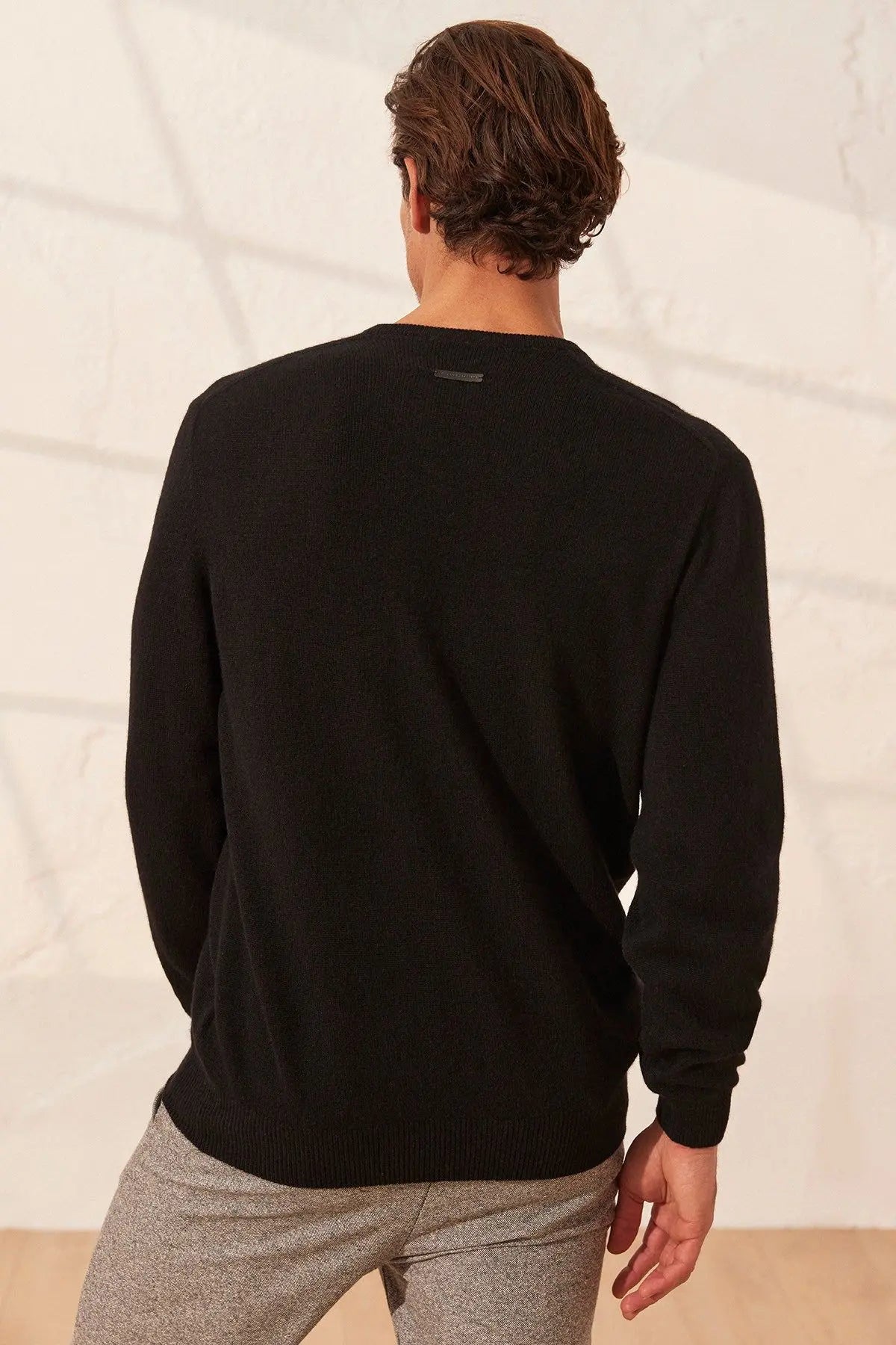 Siyah Saf Kamir Vincent  V Yaka Uzun Kollu Erkek Kazak Silk and Cashmere