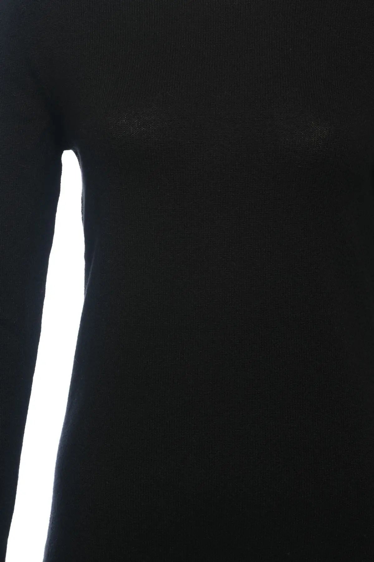 Siyah Saf Kamir Yuvarlak Yaka Uzun Kollu Kazak Silk and Cashmere