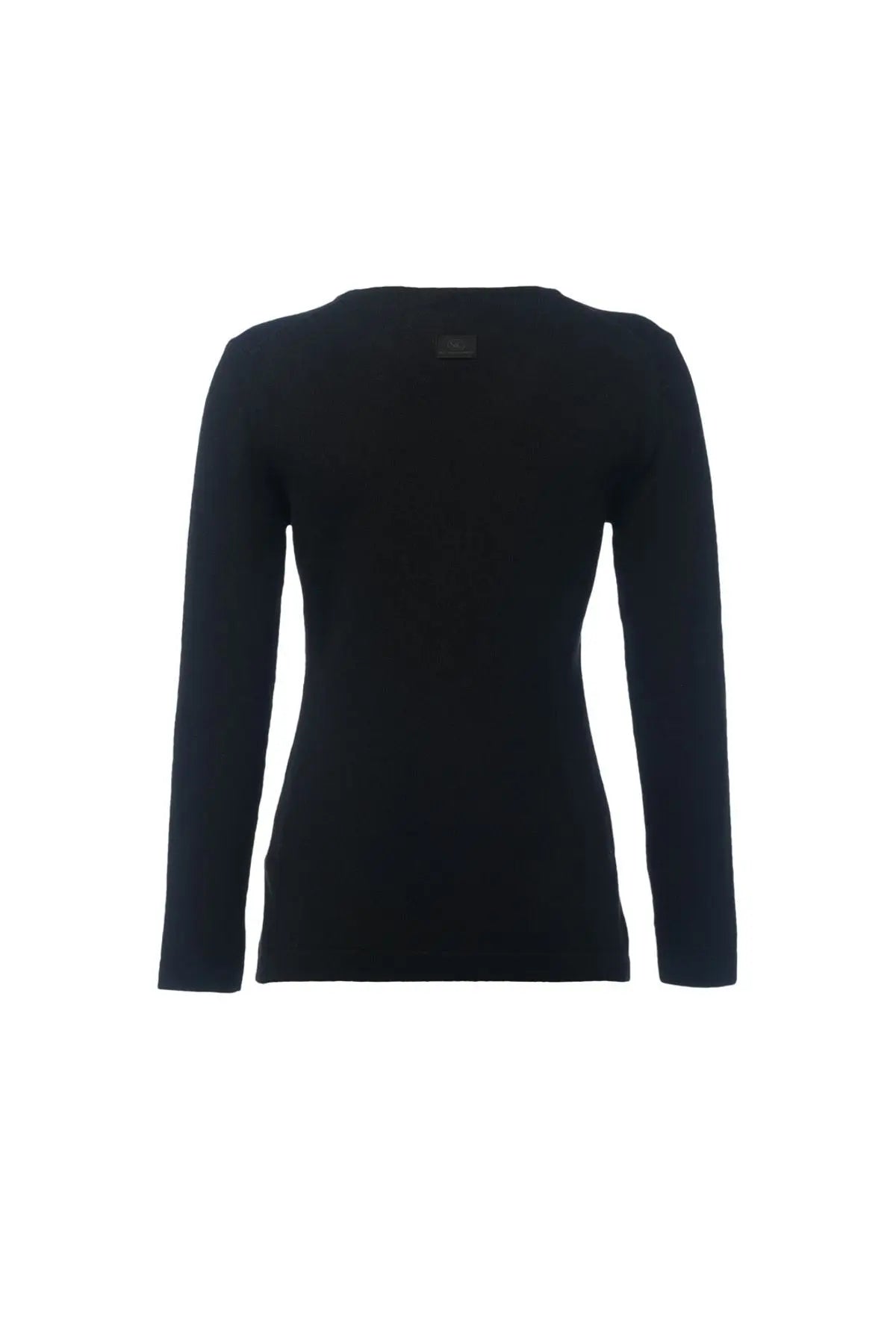 Siyah Saf Kamir Yuvarlak Yaka Uzun Kollu Kazak Silk and Cashmere