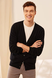 Siyah Saf Kaşmir Arma V Yaka Uzun Kollu Erkek Hırka Silk and Cashmere