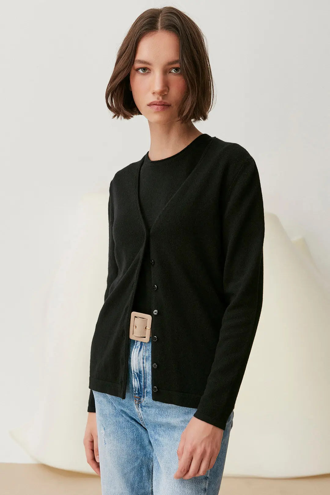 Siyah Saf Kaşmir Bar Basic V Yaka Uzun Kollu Hırka Silk and Cashmere