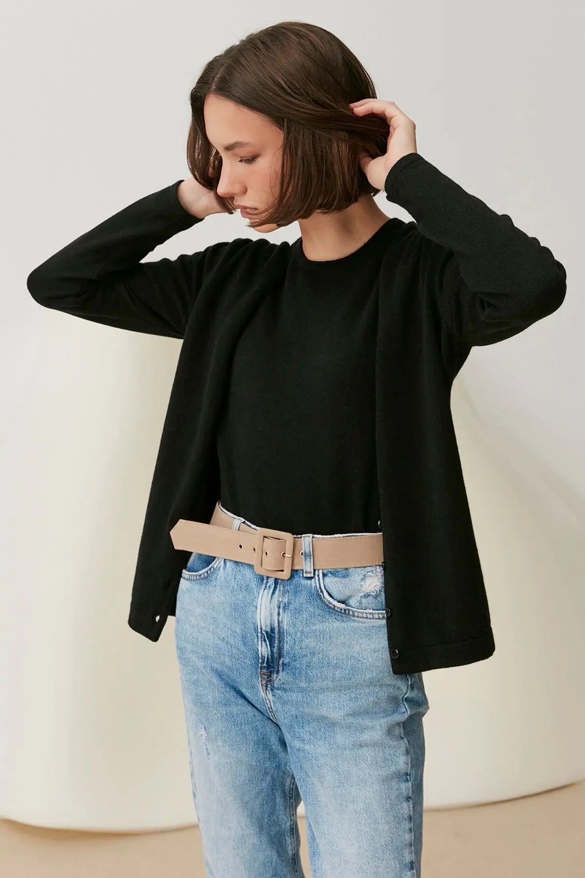 Siyah Saf Kaşmir Bar Basic V Yaka Uzun Kollu Hırka Silk and Cashmere