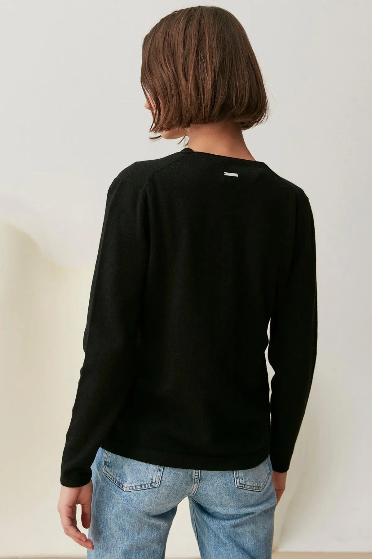 Siyah Saf Kaşmir Bar Basic V Yaka Uzun Kollu Hırka Silk and Cashmere