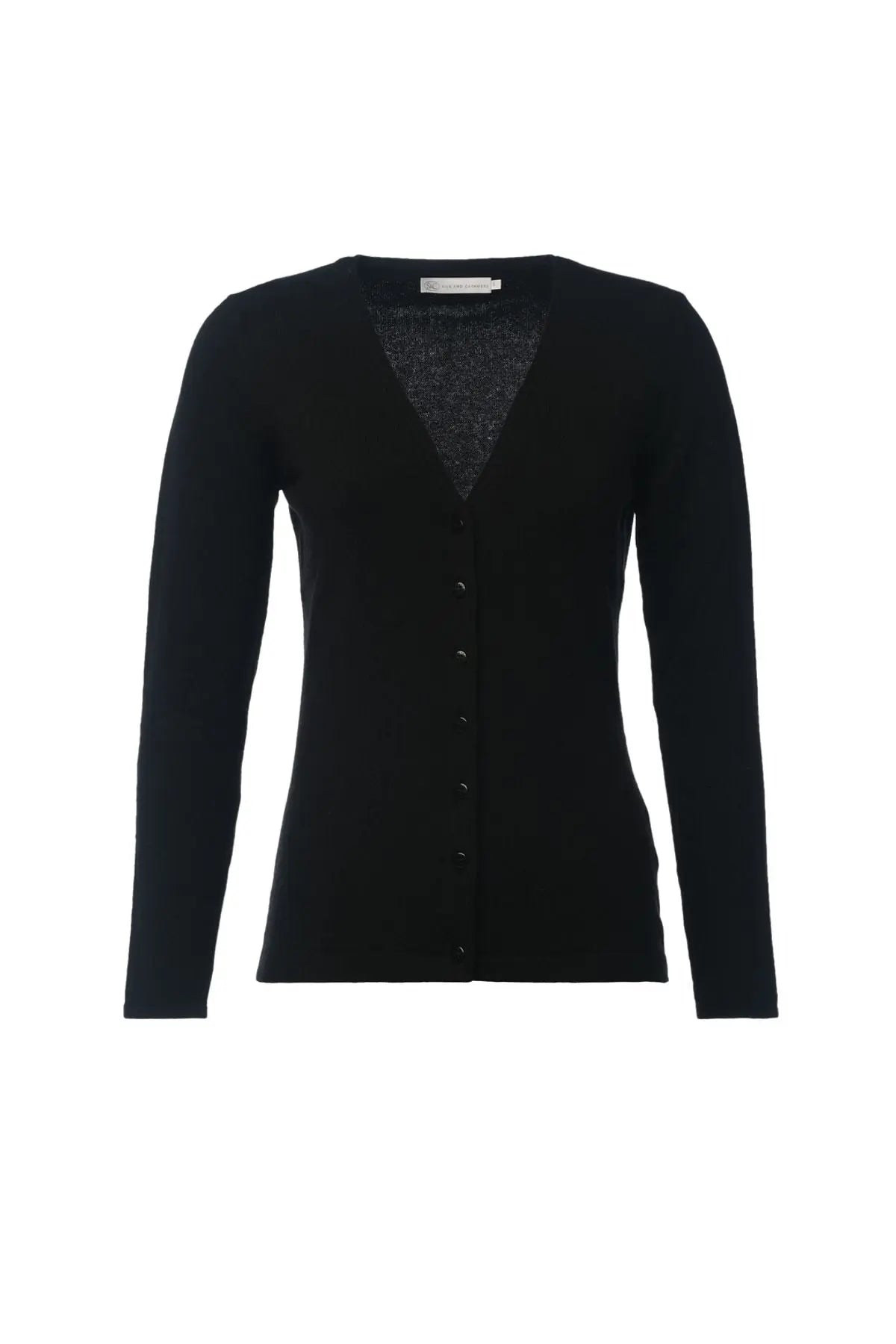 Siyah Saf Kaşmir Bar Basic V Yaka Uzun Kollu Hırka Silk and Cashmere