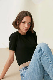 Siyah Saf Kaşmir Basic  Yuvarlak Yaka Kısa Kollu Kazak Silk and Cashmere