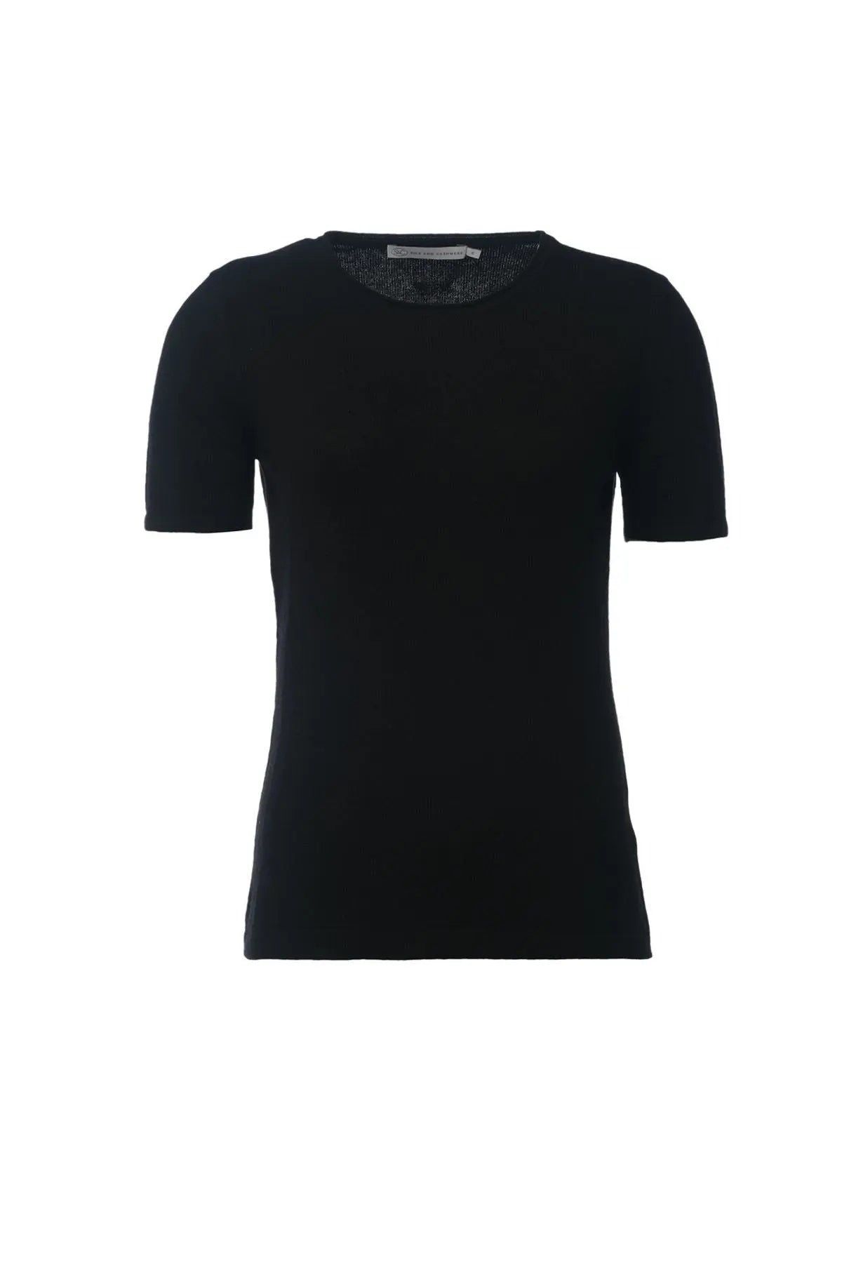 Siyah Saf Kaşmir Basic  Yuvarlak Yaka Kısa Kollu Kazak Silk and Cashmere