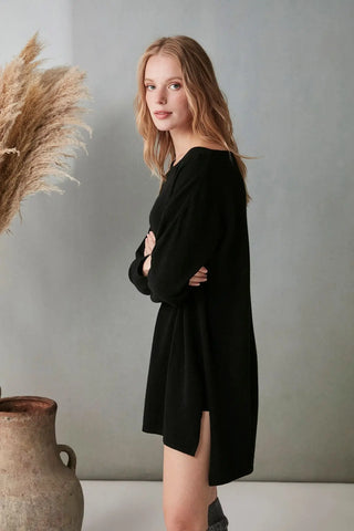 Siyah Saf Kaşmir Kayık Yaka Kostir Tunik Silk and Cashmere