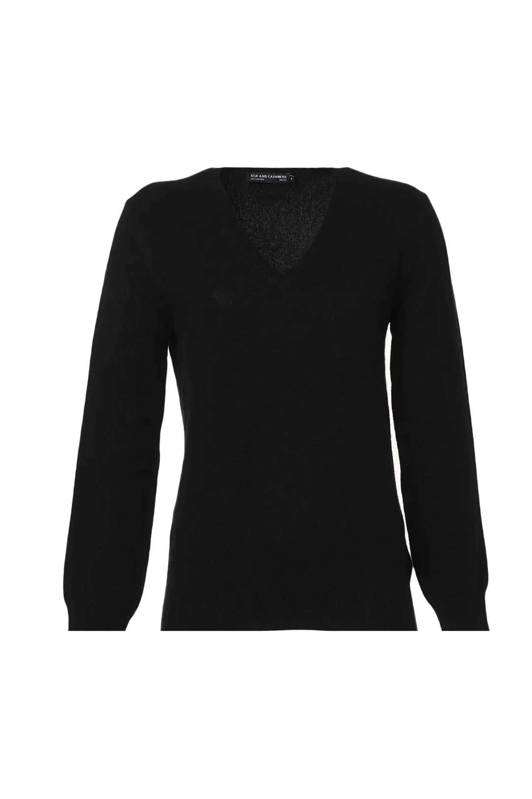 Siyah Saf Kaşmir Veronique V Yaka Uzun Kollu Kadın Kazak Silk and Cashmere